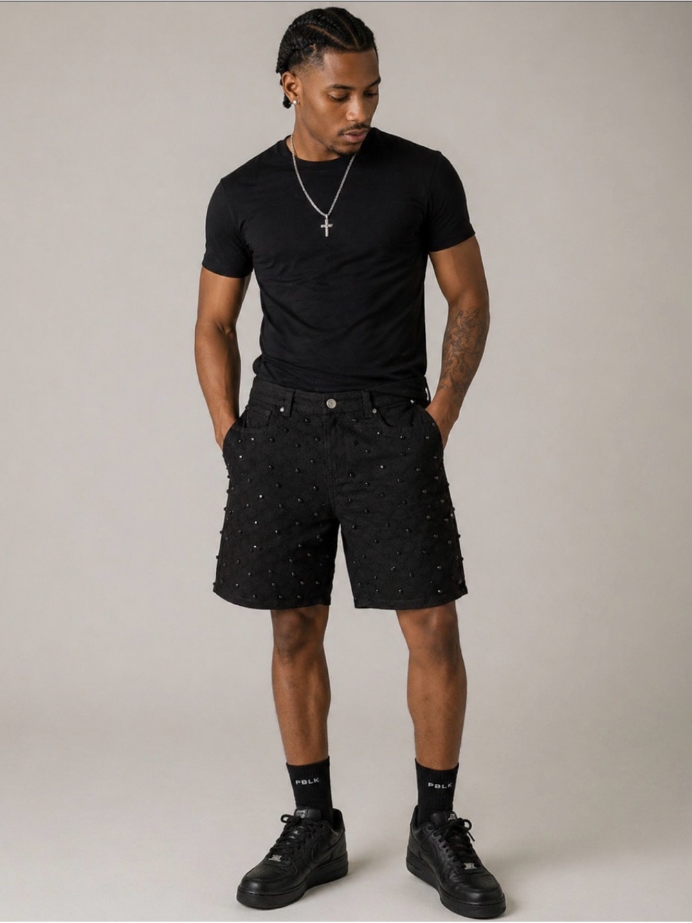 Black Embellished Flat-Front Men's Shorts